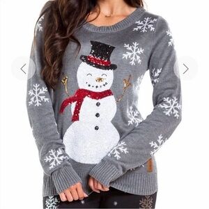 Tipsy Elves Sequined Snow Day Ugly Christmas Sweater snowman & snowflakes size M